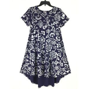 Lularoe Carly Dress Trapeze Swing Hi-Low Blue Metallic Silver Floral Print